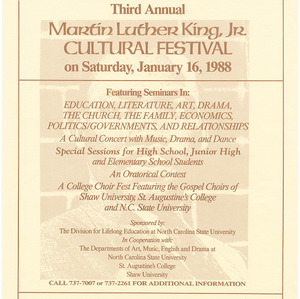 Third Annual Martin Luther King, Jr. Cultural Festival flier, January 16, 1988