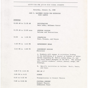 Third Annual Martin Luther King, Jr. Cultural Festival, Junior High School Students Activities flier, January 16, 1988
