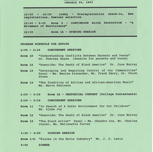 Eighth Annual Martin Luther King, Jr. Cultural Festival Program Session Adults flier, January 30, 1993