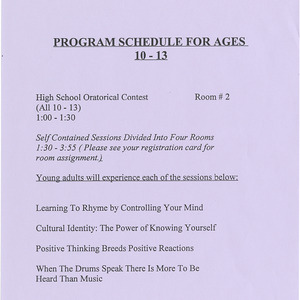 Eleventh Annual Martin Luther King, Jr. Cultural Festival Opening Session Ages 10-13 flier, January 20, 1996