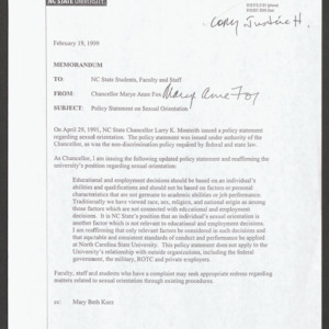 Memorandum on sexual orientation policy statement, February 19, 1999