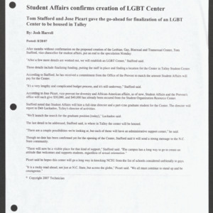 "Student Affairs confirms creation of LGBT Center", Technician, August 28, 2007
