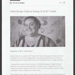 "Wells Brings Creative Energy to GLBT Center", NC State News, September 12, 2014