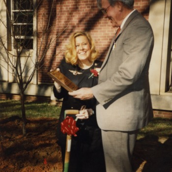 Provost Nash Winstead and Director of Libraries Susan Nutter at dedication of Yoshino cherry trees, December 1989