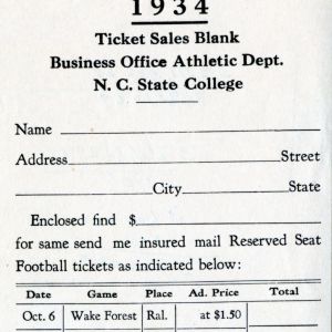 Ticket Sales Blank, Football, North Carolina State, 1934