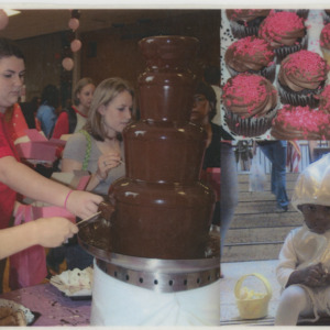 Chocolate Fountain at Event, Cupcakes with Chocolate Icing and Sprinkles, Child Sitting on Stairs