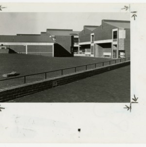 View of finished building after construction of the College of Veterinary Medicine from walkway