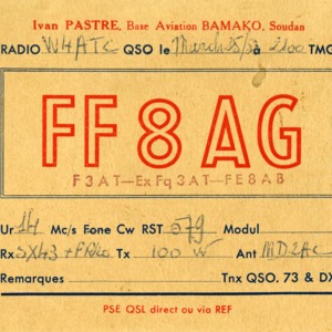 QSL Card from FF8AG , Base Aviation BAMAKO, Soudan, to W4ATC, NC State Student Amateur Radio