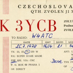 QSL Card from OK3YCB, Prague, Czechoslovakia, to W4ATC, NC State Student Amateur Radio