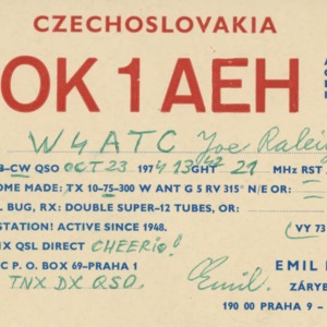 QSL Card from OK1AEH, Prague, Czechoslovakia, to W4ATC, NC State Student Amateur Radio