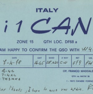 QSL Card from i1CAN, Torino, Italy, to W4ATC, NC State Student Amateur Radio