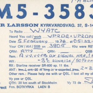 QSL Card from SM5-3583, Stockholm, Sweden, to W4ATC, NC State Student Amateur Radio