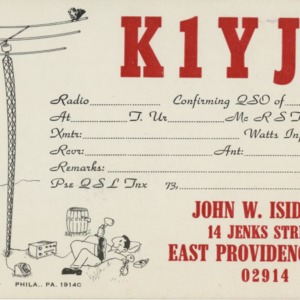 QSL Card from K1YJU, East Providence, R.I., to W4ATC, NC State Student Amateur Radio