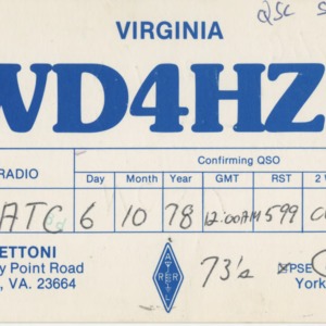 QSL Card from WD4HZE, Hampton, Va., to W4ATC, NC State Student Amateur Radio