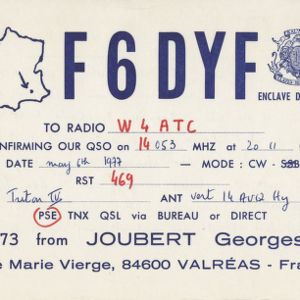QSL Card from F6DYF, Valréas, France, to W4ATC, NC State Student Amateur Radio