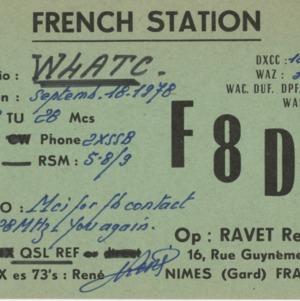 QSL Card from F8DJ, Nimes, France, to W4ATC, NC State Student Amateur Radio