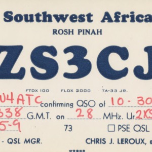 QSL Card from ZS3CJ, Rosh Pinah, Southwest Africa, to W4ATC, NC State Student Amateur Radio