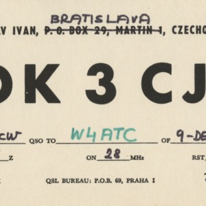 QSL Card from OK3CJC, Praha, Czechoslovakia, to W4ATC, NC State Student Amateur Radio