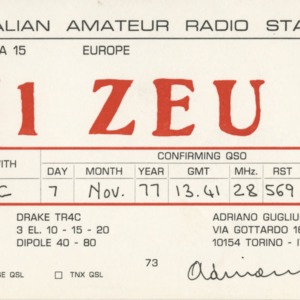 QSL Card from I1ZEU, Torino, Italy, to W4ATC, NC State Student Amateur Radio