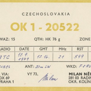 QSL Card from OK1-20522, Prague, Czechoslovakia, to W4ATC, NC State Student Amateur Radio