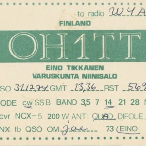QSL Card from OH1TT, Niinisalo, Finland, to W4ATC, NC State Student Amateur Radio