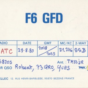 QSL Card from F6GFD, Bezons, France, to W4ATC, NC State Student Amateur Radio