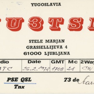 QSL Card from YU3TSM, Ljubljana, Slovenia, to W4ATC, NC State Student Amateur Radio