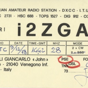 QSL Card from i2ZGA, Varese, Italy, to W4ATC, NC State Student Amateur Radio