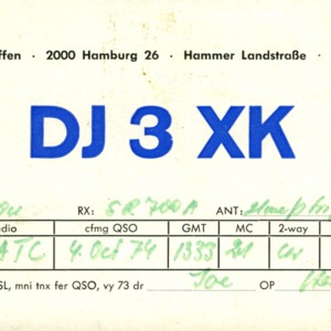QSL Card from DJ3XK, Hamburg, Germany, to W4ATC, NC State Student Amateur Radio