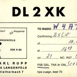QSL Card from DL2XK, Langenfeld, Germany, to W4ATC, NC State Student Amateur Radio