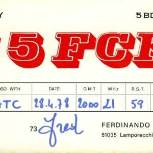 QSL Card from I5FCK, Pistoia, Italy, to W4ATC, NC State Student Amateur Radio