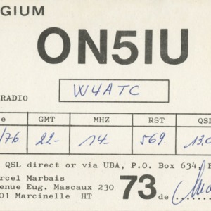 QSL Card from ON5IU, Brussels, Belgium, to W4ATC, NC State Student Amateur Radio