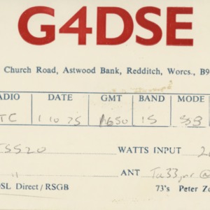 QSL Card from G4DSE, Redditch, Worcestershire, UK to W4ATC, NC State Student Amateur Radio