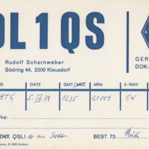 QSL Card from DL1QS, Klausdorf, Germany, to W4ATC, NC State Student Amateur Radio