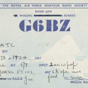 QSL Card from G6BZ, Surrey, England, to W4ATC, NC State Student Amateur Radio