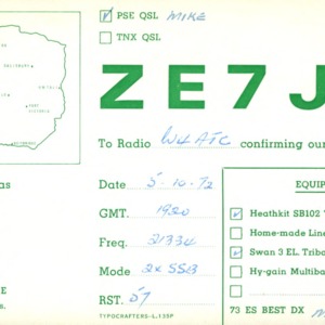 QSL Card from ZE7JC, Bulawayo, Rhodesia, to W4ATC, NC State Student Amateur Radio