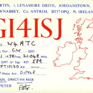 QSL Card from GI4ISJ, Jordanstown, Antrim, N. Ireland, to W4ATC, NC State Student Amateur Radio