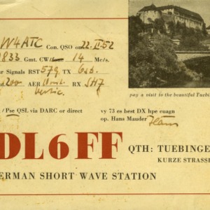 QSL Card from DL6FF, Munich, Germany, to W4ATC, NC State Student Amateur Radio