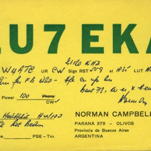 QSL Card from LU7EKA, Buenos Aires, Argentina, to W4ATC, NC State Student Amateur Radio