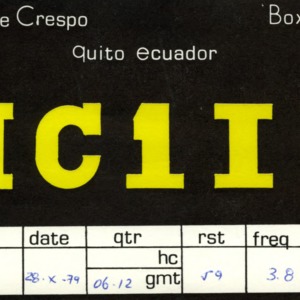 QSL Card from HC1IT, Quito, Ecuador, to W4ATC, NC State Student Amateur Radio