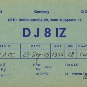 QSL Card from DJ8IZ, Wuppertal, Germany, to W4ATC, NC State Student Amateur Radio