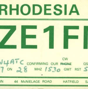 QSL Card from ZE1FN, Rhodesia, to W4ATC, NC State Student Amateur Radio