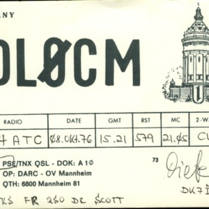 QSL Card from DL0CM, Mannheim, Germany, to W4ATC, NC State Student Amateur Radio