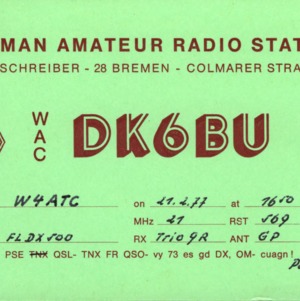 QSL Card from DK6BU, Bremen, Germany, to W4ATC, NC State Student Amateur Radio