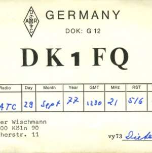 QSL Card from DK1FQ, Koln, Germany, to W4ATC, NC State Student Amateur Radio