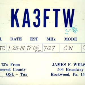 QSL Card from KA3FTW, Rockwood, Pa., to W4ATC, NC State Student Amateur Radio