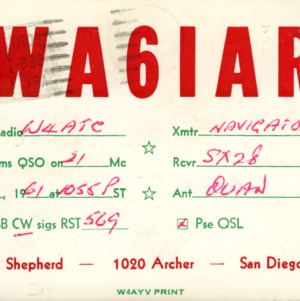 QSL Card from WA6IAR, San Diego, Calif., to W4ATC, NC State Student Amateur Radio