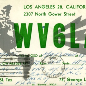 QSL Card from WV6LAI, Los Angeles, Calif., to W4ATC, NC State Student Amateur Radio