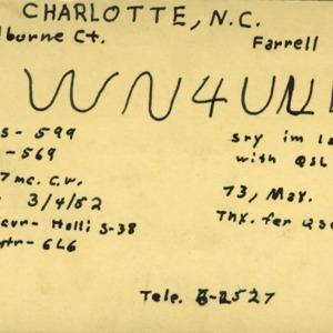 QSL Card from WN4ULL, Charlotte, N.C., to W4ATC, NC State Student Amateur Radio