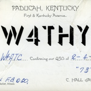 QSL Card from W4THY, Paducah, Ky., to W4ATC, NC State Student Amateur Radio